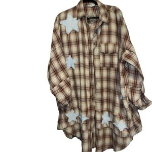BlueVelvet XL Long Plaid Shirt/Duster with Star Accents
